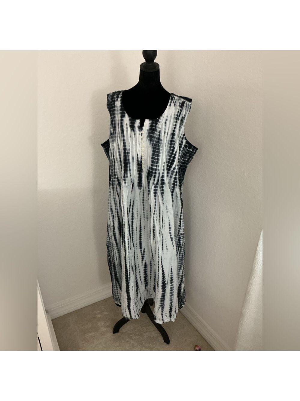 Woman Within Tie Dye Maxi Dress 20W Black White Sleeveless boho